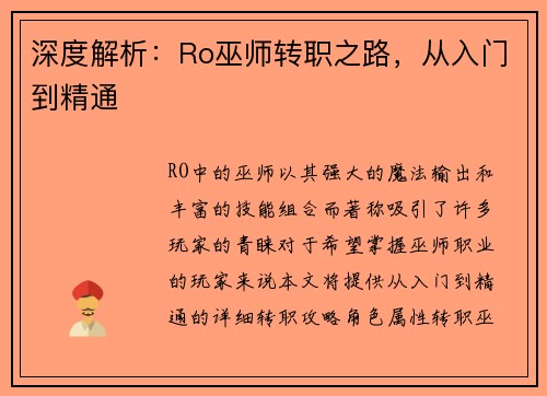 深度解析:Ro巫师转职之路,从入门到精通